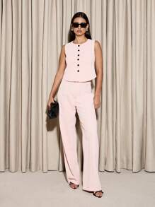 AiiRZ Bộ đồ công sở chuyên nghiệp hai mảnh, áo peplum không tay cài nút phía trước và quần ống rộng cạp cao, trang phục mặc buổi tối cho mùa xuân hè - Hồng - Xem 1