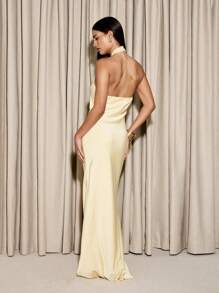 AiiRZ 优雅缎面露背长款晚礼服及地正式婚礼宾客礼服派对舞会庆典特殊场合礼服，高光饰面