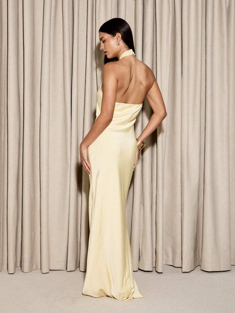 beige slit dress Yelena Ruched Halter Maxi Dress - Taupe