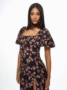 MISSGUIDED Floral Milkmaid Midi Dress With Ruched Bust Puff Sleeves Side Split Square Neck Summer Wedding Guest Tea Party Dress - Black - View 5
