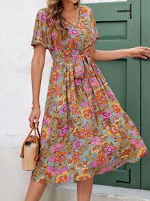 Ellevyn Vacation Outfits Woman,Boho Dress,Summer Elegant Women's Flower Print V-Neck Waist Cinched A-Line Short Sleeved Dress, Suitable For Various Occasions, Summer Vacation, Elegant Travel, Daily Commuting Can All Be Worn - Multicolor - View 2
