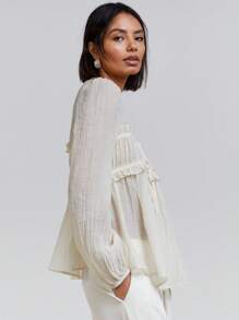 Athîral 女式纯色前系带长袖褶皱时尚衬衫