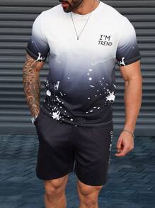Manfinity Homme Plus Size Men's Round Neck Short Sleeve Letter Print Casual Top And Shorts Set