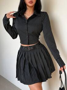 INAWLY Striped Print Crop Shirt & Pleated Skirt Fall Cloth For Women - Black - View 5