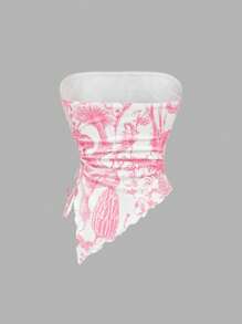 SHEIN MOD Women Floral Pattern Asymmetric Hem Bandeau Top,Retro Vests, Nomadic Vests, Pirate Tops, New Year Top,Cowgirl Costume,Hippie Women Clothes,Fuchsine Corset Top - Hot Pink - View 2