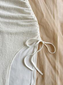 Soleia 女士度假针织华夫格纹理修身长裙，开衩，抽绳设计。适合派对、约会、性感、下午茶、海滩、夏季音乐节、婚礼季节 - 杏色 - 查看 4