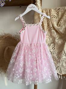 SHEIN 年轻夏季田园时尚无袖网眼连衣裙，适合家庭聚会、度假、派对和宴会 - 粉色 - 查看 8