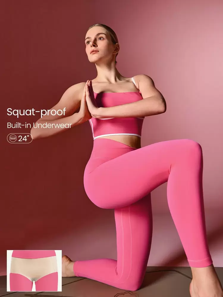 24" FeatherFit™ Crossover Leggings With Built-In Underwear Light Support Low Impact Yoga Pilates Daily Gym