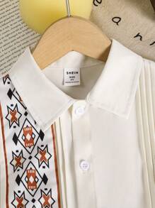 男童衬衫短裤套装（2件套），侧边印花拼接细节，风琴褶设计 - 米色 - 查看 5