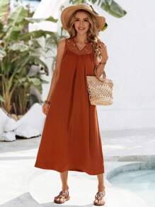 EMERY ROSE 女士长款纯色休闲连衣裙，简约时尚日常穿着 - 珊瑚橙 - 查看 2