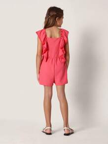 SUMWON Oversized Ruffle Summer Playsuit Flutter Sleeve Square Neck Design Girls Outfit Youth Fashion Breathable Beach Vacation Cute Holiday Dress - Coral Pink - View 2