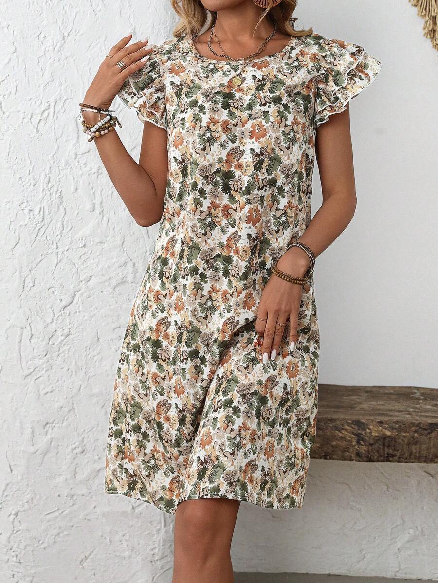 EMERY ROSE 女士圆领全花卉印花休闲中长连衣裙 - 彩色 - 查看 1