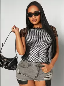SHEIN SXY Sexy Allover Print Sheer Mesh Short Sleeve T-Shirt Top, Versatile For Daily Wear, Parties, Clubbing, Music Festivals, Summer - Multicolor - View 1