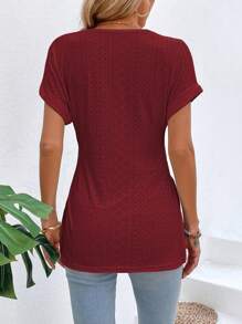 SHEIN LUNE Contrast Lace Batwing Sleeve Split Hem Tee Graphic Tees Women Tops - Burgundy - View 2