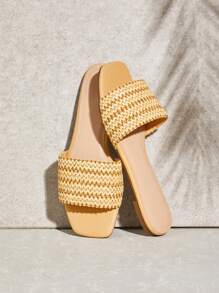 SHUZIA Sandalias planas de punta redonda con tira de rafia natural, un regalo ideal para el Día de la Madre - Beis - Ver 6