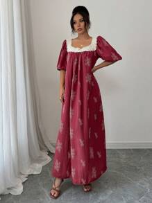 Mulvari Women Contrast Color Lace Patchwork Embroidery Arabian Dress - Red - View 6
