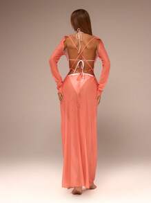 MUSERA Mesh Floral Printed Backless Maxi Dress Vacation Summer Sheer Flower Ibiza Outfit, Holiday, Club Outfit Long Dress - Orange - View 2