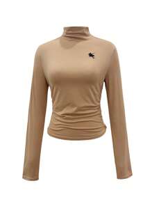 女式骑士印花立领长袖褶皱 T 恤，适合秋季 - 卡其色 - 查看 3