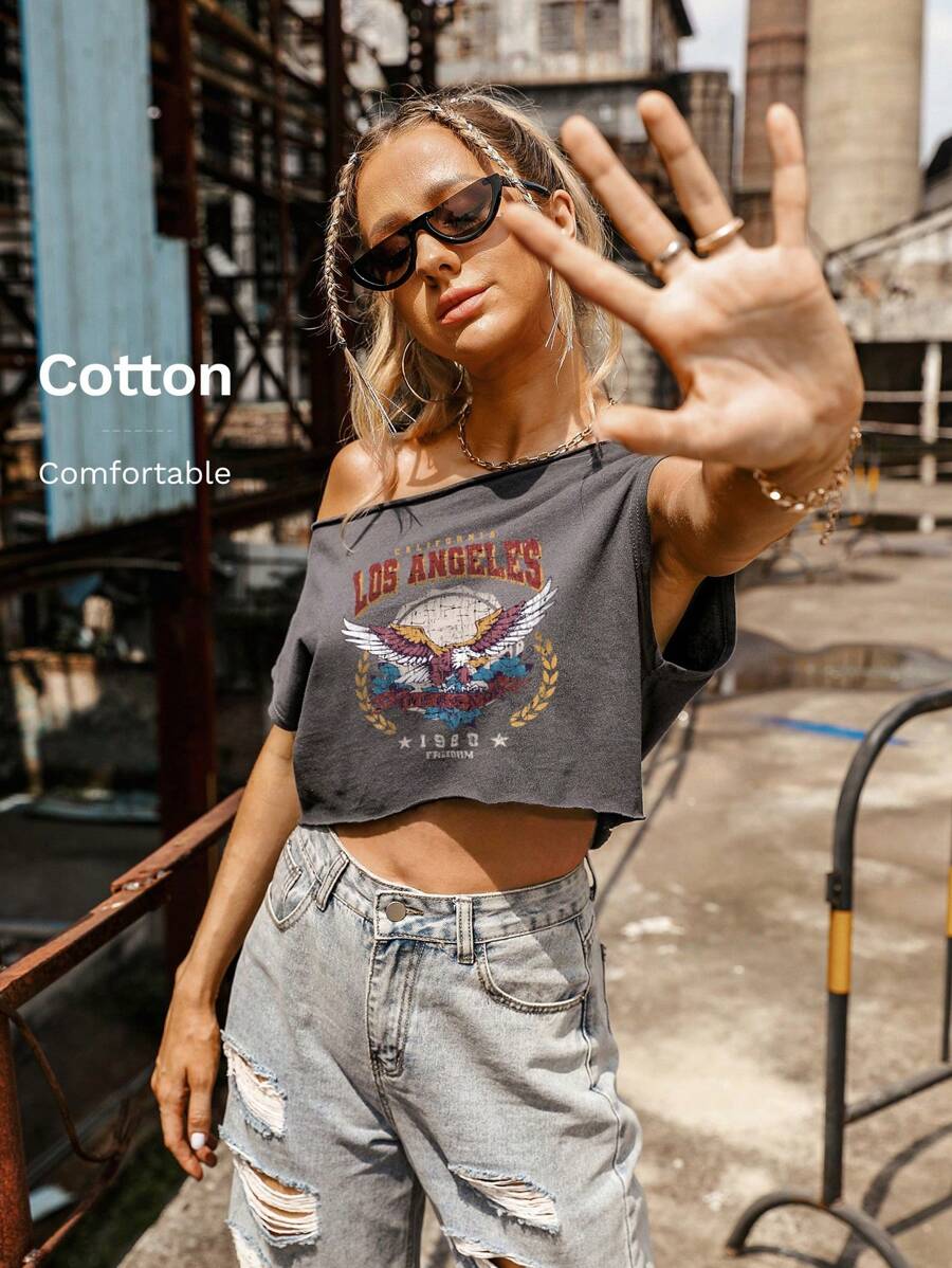 PUNK Letter & Animal Print Asymmetrical Neck Crop Tee Graphic Tees Women Tops - Dark Grey - View 1