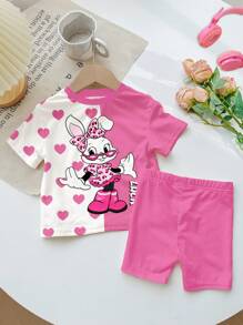 SHEIN 2pcs Young Girls Casual Rabbit Print Short Sleeve T-Shirt And Shorts Set, Comfortable & Minimalist Design, Suitable For Spring & Summer