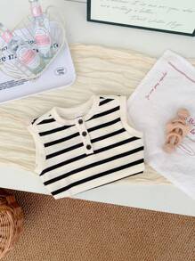 SHEIN Baby Girls Casual Cute Knitted Striped Sleeveless Dress - Black and White - View 7