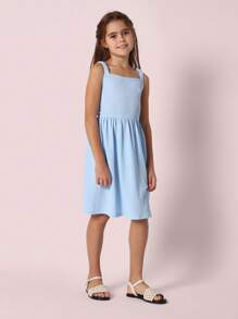 SUMWON Vestido de verano texturizado con smock, cuello cuadrado, sin mangas, largo midi, vestido de línea A para niñas, para fiestas dulces, playa, vacaciones y uso diario en primavera y verano