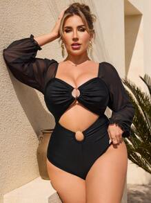 1 bộ đồ bơi liền thân màu đen cỡ lớn có nhún bèo, dành cho tiệc ngày lễ, kỳ nghỉ hè ở bãi biển - màu đen - Xem 5
