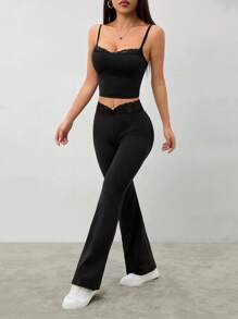 SHEIN PETITE Bộ đồ hai mảnh bó ren đen mùa hè + quần ống loe cho nữ - màu đen - Xem 3