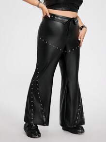 SHEIN ICON Pantalones acampanados de piel de poliuretano negra talla grande con estilo Y2k, pantalones acampanados con decoración de ojo de cerradura en la cintura plisada, estilo punk