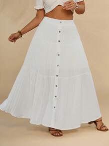 SHEIN VCAY Talla grande Falda con botón delantero bajo con fruncido - Blanco - Ver 3