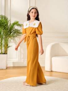 SHEIN Tween Girls Floral Print Tie Waist Romper With Short Puff Sleeves - Yellow - View 4