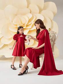 SHEIN 青少年女孩合身优雅镂空腰部喇叭形 A 字形连衣裙 - 紅色 - 查看 9