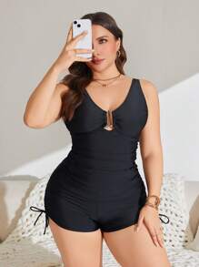 SHEIN Swim Curve Conjunto de 2 piezas con parte superior de tankini y Bottom en negro liso de punto fruncido de talle alto para mujer talla grande. Look minimalista para uso diario y vacaciones, ideal para verano y playa.