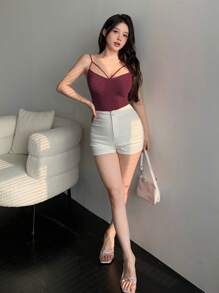 DAZY Women's Criss-Cross Strap Fitted Cropped Camisole Tank Tops - Burgundy - View 2