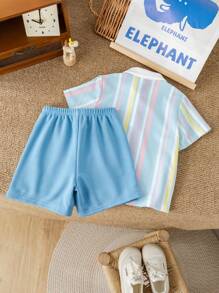 SHEIN Leap Crew 2pcs/Set Young Boys Casual Vacation Coconut Tree Striped Print Polo Shirt & Solid Blue Knit Shorts Set, Suitable For Kids Outfits, Young Boy Clothes, Back To School, Birthday Parties, Daily Wear, School, Travel, Sports, Spring/Summer Seasons - Multicolor - View 2