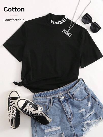 Mulvari Camiseta de cuello alto con gráfico de letra