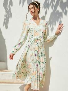 Aveloria Rosie 度假随机花朵印花腰带褶皱连衣裙下摆长袖连衣裙节日派对生日正式场合连衣裙波西米亚海滩时尚风格，适合春秋季 - 綠色 - 查看 4