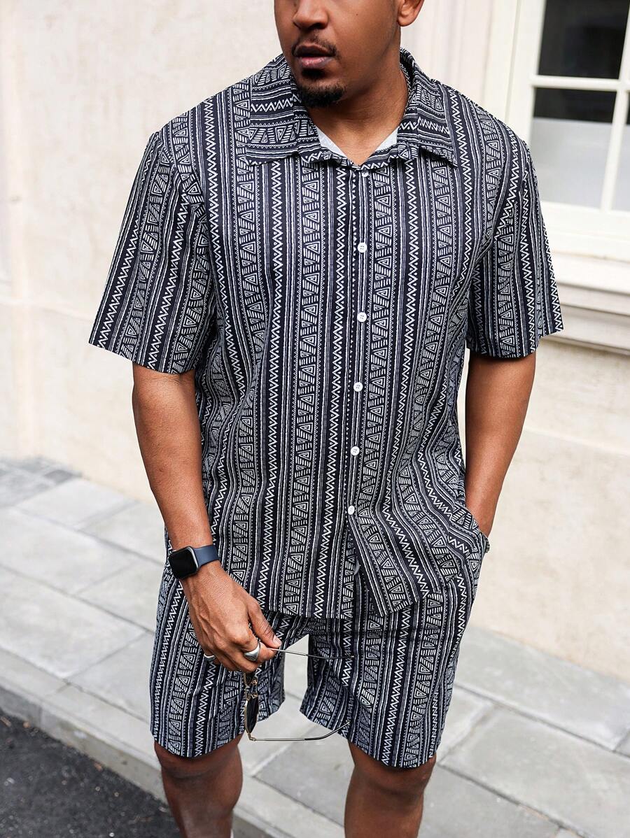 Manfinity Homme 2pcs Set Plus Size Men Geometric Print Short Sleeve Shirt + Shorts - Black and White - View 1