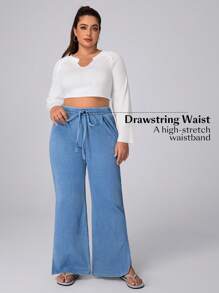 Flexra Plus Size Women Loose Stretchy Knit Denim Waistband Straight Leg Pants Apple Bottom Jeans - Blue - View 4