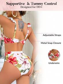 Swim DD+ Women Floral Print Ruffle Twisted Bikini Set Top & Bottom , Summer Beach Vacation
