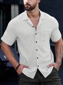 Manfinity Homme Men's Casual All-Match Solid Color Textured Short-Sleeved Shirt, Summer - White - View 3