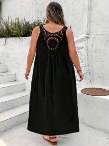 SHEIN CURVE+ Plus Size Washed Cotton Lace Back Long Black Dress Boho Vacation