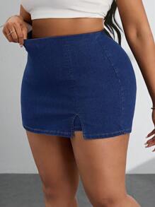 SHEIN SXY Plus Size Women's Casual Versatile Denim Skort With Side Slits - Blue - View 4