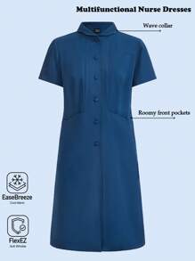 Scrubzie Women's Anti-Wrinkle Solid Color Front Button Short Sleeve Casual Long Nursing Dress - Blue - View 1