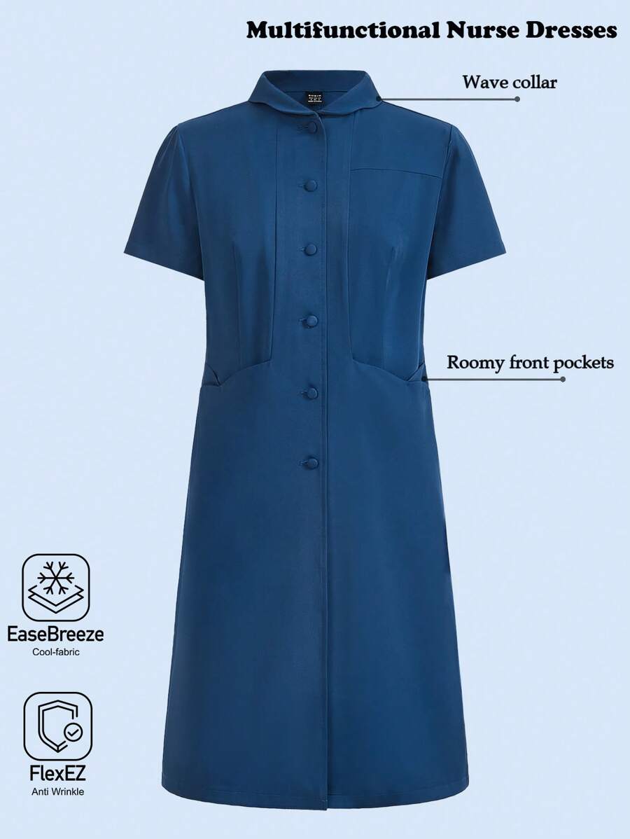 Scrubzie Women's Anti-Wrinkle Solid Color Front Button Short Sleeve Casual Long Nursing Dress - Blue - View 1