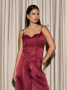 AiiRZ Scoop Satin Tie Shoulder Corset Top And Wide Leg Trouser Set - Red - View 4