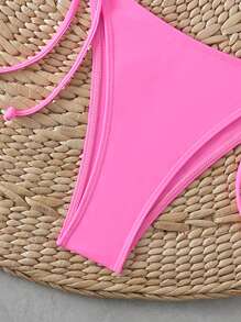Swim Mod Bikini màu trơn đi biển nghỉ mát + Khăn choàng tay in họa tiết nhiệt đới 2 món Bikini bộ mùa hè - Màu Hồng  Dưa hấu - Xem 3
