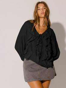 Aralina Casual Winter/Fall Semi Sheer Y2k Ruffled Sexy V-Neck Long Sleeve Front Tie Blouse - Black - View 3