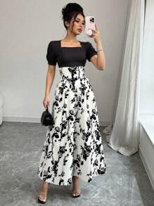 Chiquease Váy chữ A in hoa thanh lịch ôm gọn eo cho nữ - Đen và trắng - Xem 1