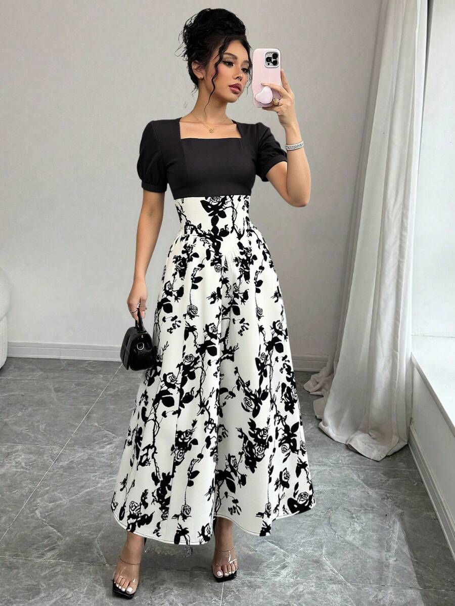 Chiquease Váy chữ A in hoa thanh lịch ôm gọn eo cho nữ - Đen và trắng - Xem 1
